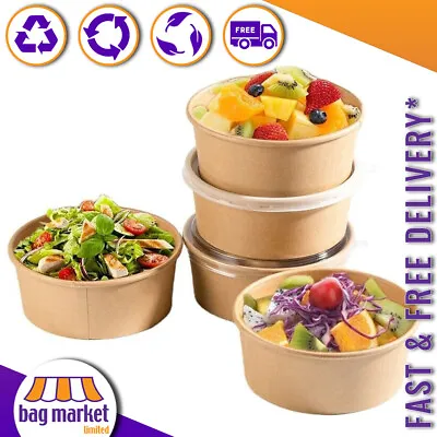 Brown Kraft Takeaway Food Bowls & Lids - Deli Hot Round Pasta Rice Salad • £104.99