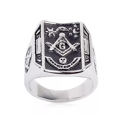 Free Mason Ring - Bent Curve Face Freemasonry - Steel Silver Color Masonic Rings • $20.24