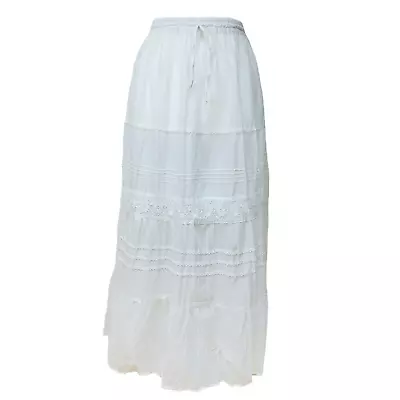 White Cotton Maxi Skirt Summer Boho Festival Lined One Size 10 12 14 16 18 20 UK • £13.99