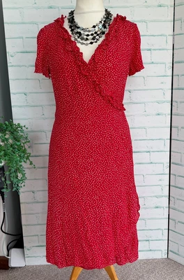 Caroline Charles Red Polka Dot Wrap Dress Sz 14 UK / B34 • £47.99