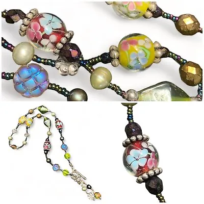 Vintage Flower Murano Art Glass Mixed Multi Color Statement Necklace 18” • $26.50