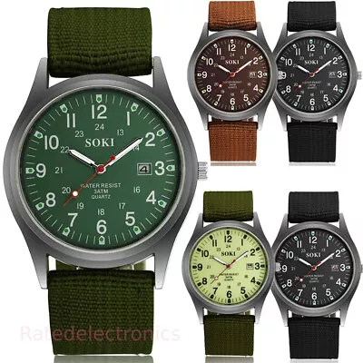 Men's Military Army Luminous 24Hours Dial Nylon Strap Date Quartz Wrist Watch US • $7.79