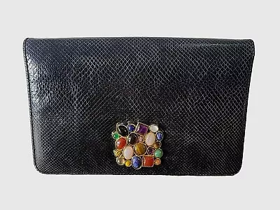 Vintage Judith Leiber Black Snake Skin Clutch Structured Handbag Gemstones Bag • $174.71