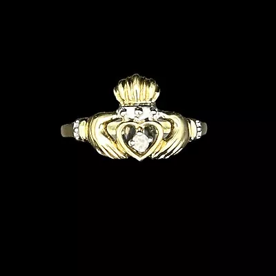 Vintage Claddagh Ring 10K Yellow Gold Diamond Size 7 2.0g • $199.95