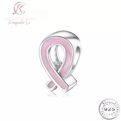 Pink Cancer Ribbon Charm Genuine 925 Sterling Silver - Cancer Awareness - Gift • £15.99