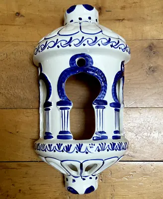 Large Ceramic Wall Sconce Lantern Candle Holder Blue & White • £22