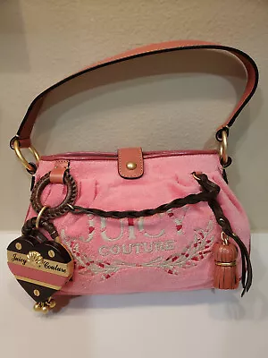 $295 • Buy New Juicy Couture Vintage Velour Pink Purse Y2K Bag Heavy Heart Charm &Tassel