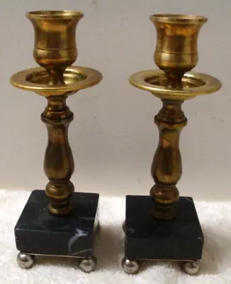 Pair Solid Brass Candlestick Candle Holder Footed Black Marble Square Base 6.75  • $18.99