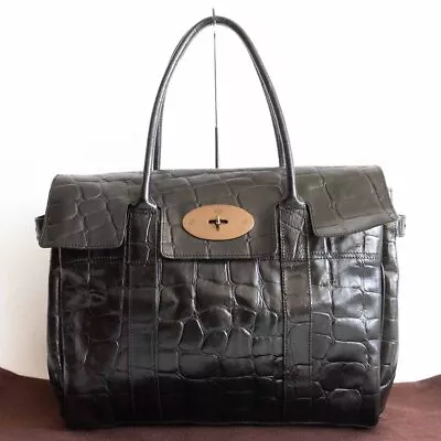 Mulberry Bayswater Embossed Leather Black Flap Tote Bag Turn Lock Studs England • $460.76
