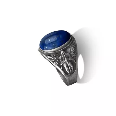 Solid 925 Sterling Silver Natural Lapis Gemstone Archangel St Michael Men's Ring • $47.10