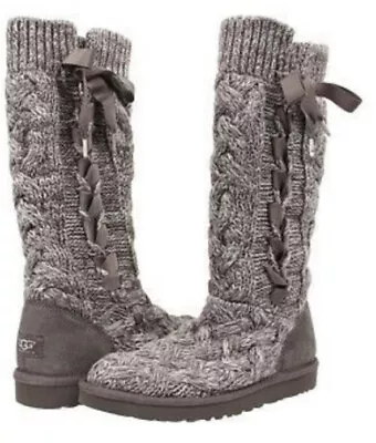 UGG Tall Mid Calf Mahalya Ribbon Tie Heathered Gray Cable Knit Tie Boots Size 7 • $69.99