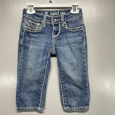 L.A. Idol USA Girls Boot Cut Jeans Cross Rhinestone  Pockets Blue Denim Size 7  • $8.90