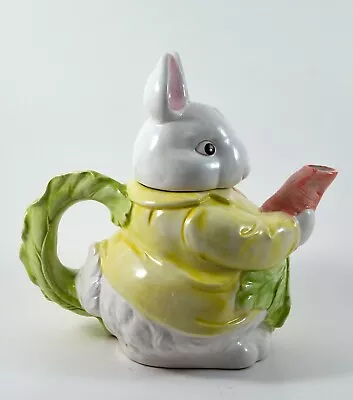 Easter Bunny Rabbit Teapot Ceramic White Yellow Jacket Cabbage Carrot 8  • $11.99