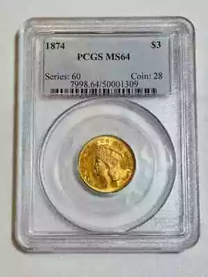 1874 P Gold Three Dollars $3 Indian Princess Head PCGS MS-64 Very Pretty! • $6723.50