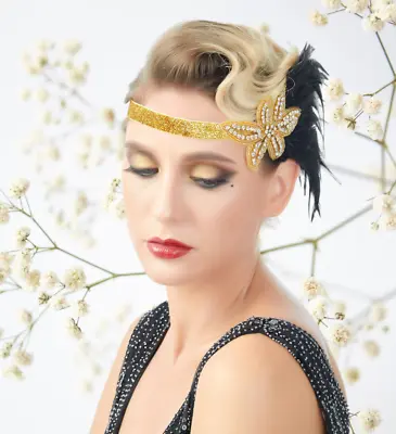 1920s Headband Gold Roaring Beaded Black Feather Headpiece Flapper Great Gatsby • $9.99