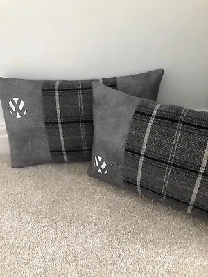 VW Camper Van Cushions A Pair In Grey Faux Leather Contrast Tartan Material New • £40