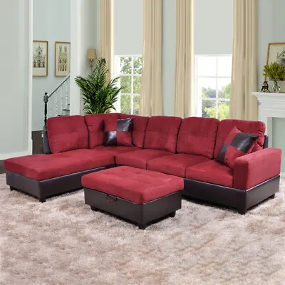 L-shape Flannel And PVC 3-Piece Couch Living Room Sofa Set With Ottoman • $675.86