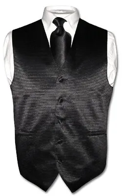 Men's Dress Vest & NeckTie Black Woven Neck Tie Horizontal Stripe Design Set • $24.95