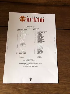 Manchester Man United Utd Old Trafford V Aston Villa  30th April 2023 Game Sheet • £3