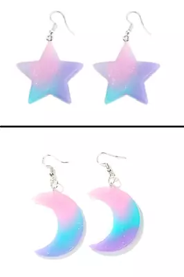 $4.64 • Buy Star & Moon Hook Earrings Acrylic Glitter Pink Purple Blue - Emo Alt Jewelry