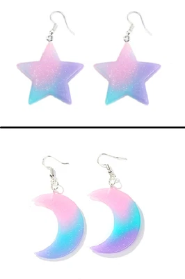 $4.64 • Buy Star & Moon Hook Earrings Acrylic Glitter Pink Purple Blue - Emo Alt Jewelry