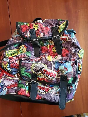 Marvel Comics Backpack Napsack Avengers Print With faux Leather Trim Magnetic • $29