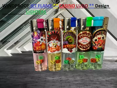£6.45 • Buy 5 X SMART WINDPROOF SEE THROW* CASINO LUDO Design  Jet Flame Lighter Refillable