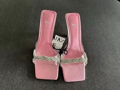 ZARA WOMAN NWT HIGH-HEEL VINYL SANDALS W/RHINESTONES PINK 1324/010 Sz 8/39 • $75