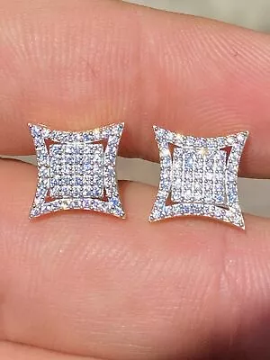 Real 925 Sterling Silver Iced Bling Hip Hop Square Kite Earrings Screw Back CZ • $23.47