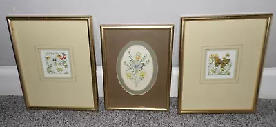 VINTAGE 3x Flowers & Butterflies Watercolor Miniature Paintings STUNNING ITEMS • £17