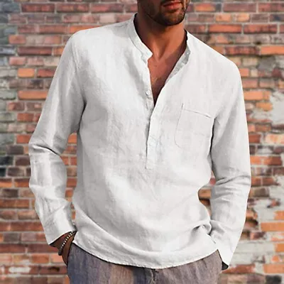 Men Casual Long Sleeve Shirt Summer Loose Shirt Tops Linen Beach Button T-Shirt • $16.18