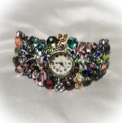 Vintage Floral Cuff Bracelet Quartz Watch With Peacocks And Flowers • $8.99