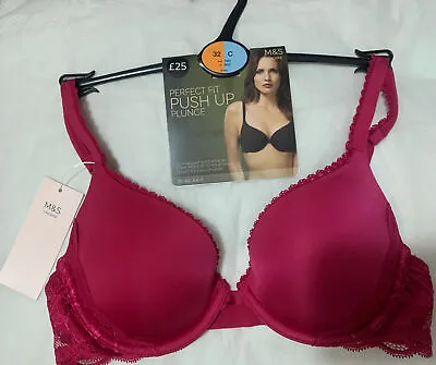 Ex M&S PERFECT FIT UNDERWIRED PLUNGE PUSH UP Bra With MEMORY FOAM CHERRY RED 32C • £11.99