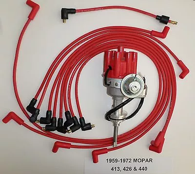 MOPAR 440 1959-1972 RED Small Female Cap HEI Distributor & Spark Plug Wires USA • $128.61