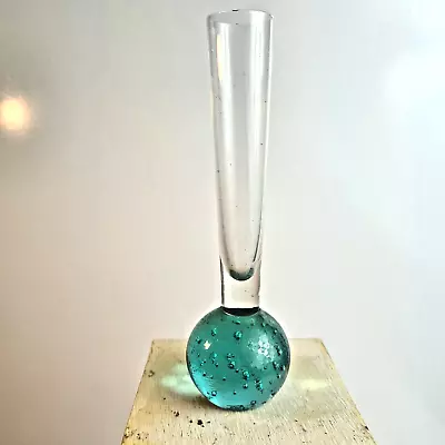 Vintage Art Glass Single Stem Vase Aqua Blue Controlled Bubble Base 15cm • $19.95