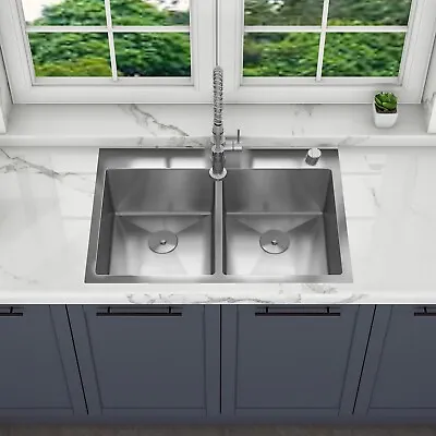 Sinber 33  Drop In Double Bowl Kitchen Sink With 304 Stainless Steel HT3322D-S-9 • $202.97