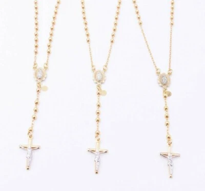 $456.49 • Buy 3mm Polished Shiny Cross Rosary Crucifix Chain Necklace Real 10K Yellow Gold