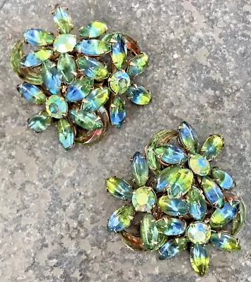 Vintage High End Multicolor Blue/Green Rhinestone Molded Glass UV Clip Earrings • $25