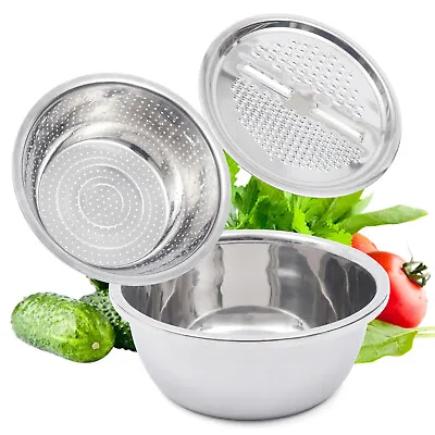 3 In 1 Stainless Steel Vegetable Slicer Cutter Drain Basket Salad Maker Bowl • £16