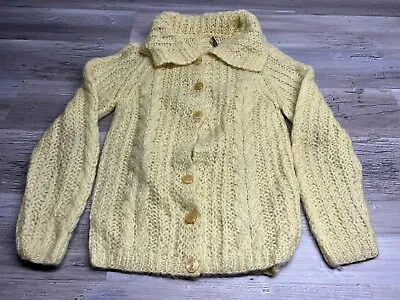 Vintage Hand Made In Italy Mohair Cardigan Sweater Yellow Cable Knit Women's L • $52.49