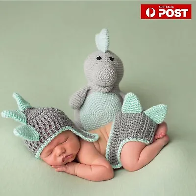 Baby Clothes Dinosaur Outfit Fantasy Photography Props Hand Knitting Headband AU • £11.46