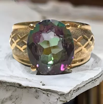 $499.99 • Buy Stunning ESTATE 14K Yellow Gold 4CT Oval MYSTIC TOPAZ Wide Band Ring Size 6!