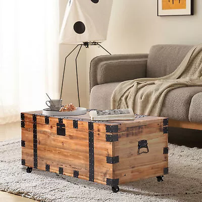 Reclaimed Wood Coffee Table With Wheels & Large Storage Natural/Black Metal • $357.44