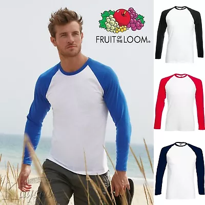 Men LONG SLEEVE BASEBALL T Shirt Fruit Of The Loom Contrast T-Shirt Cotton Top • £7.49