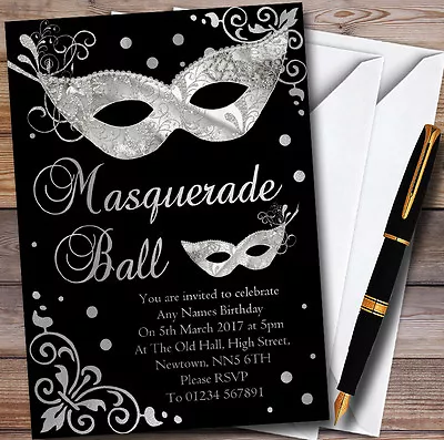 Silver & Black Masquerade Ball Personalised Party Invitations • £9.99