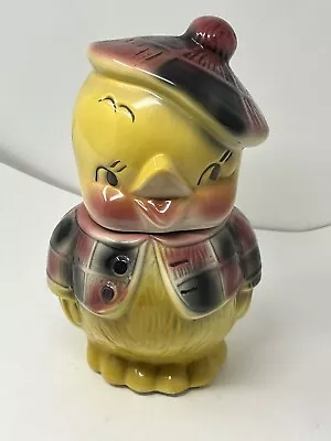 Ceramic Bisque COOKIE JAR Vintage USA Chick W/ Beret Plaid 12  • $56.95