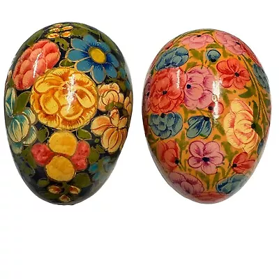 Eggs Hand Painted Wood Lacquered Decorative Floral 2Pc Easter • $18.99