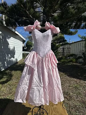 Vtg 1980s Pink Ruffled Bow Shoulder Zum Zum Dress Lace Sequins Fishbone Size 7/8 • $32