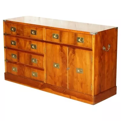 Vintage Burr Yew Military Campaign Sideboard Drinks Cabinet Bank Of Drawers • £2850