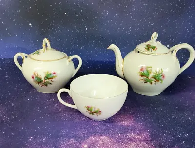 Vintage Moss Rose Scottish Thistle Haviland Limoges Teapot & Sugar Bowl & Cup  • $112.50